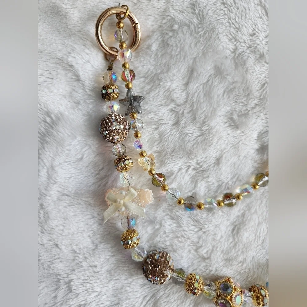 Gold and Brown Beaded Bag Charm Chain And Keychain Set Studded Boot Animal Print